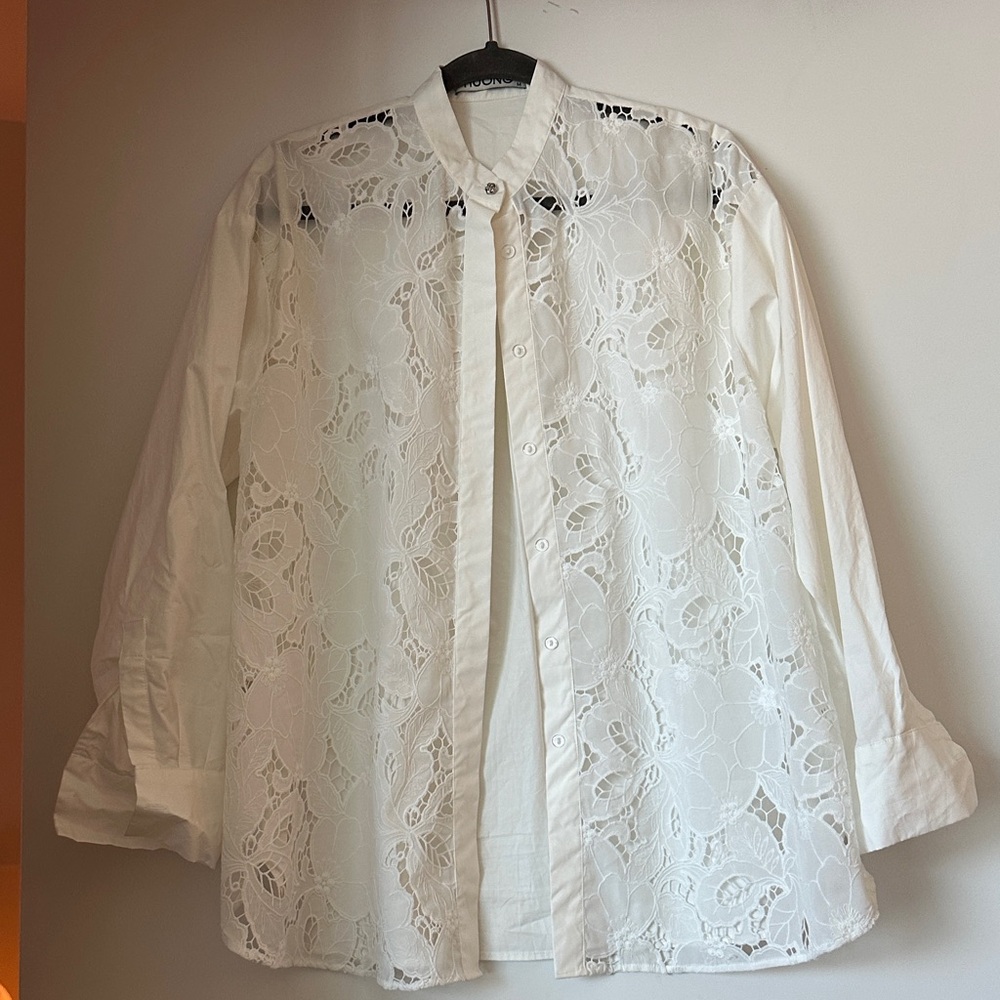White Lace Overlay Button-Up Shirt